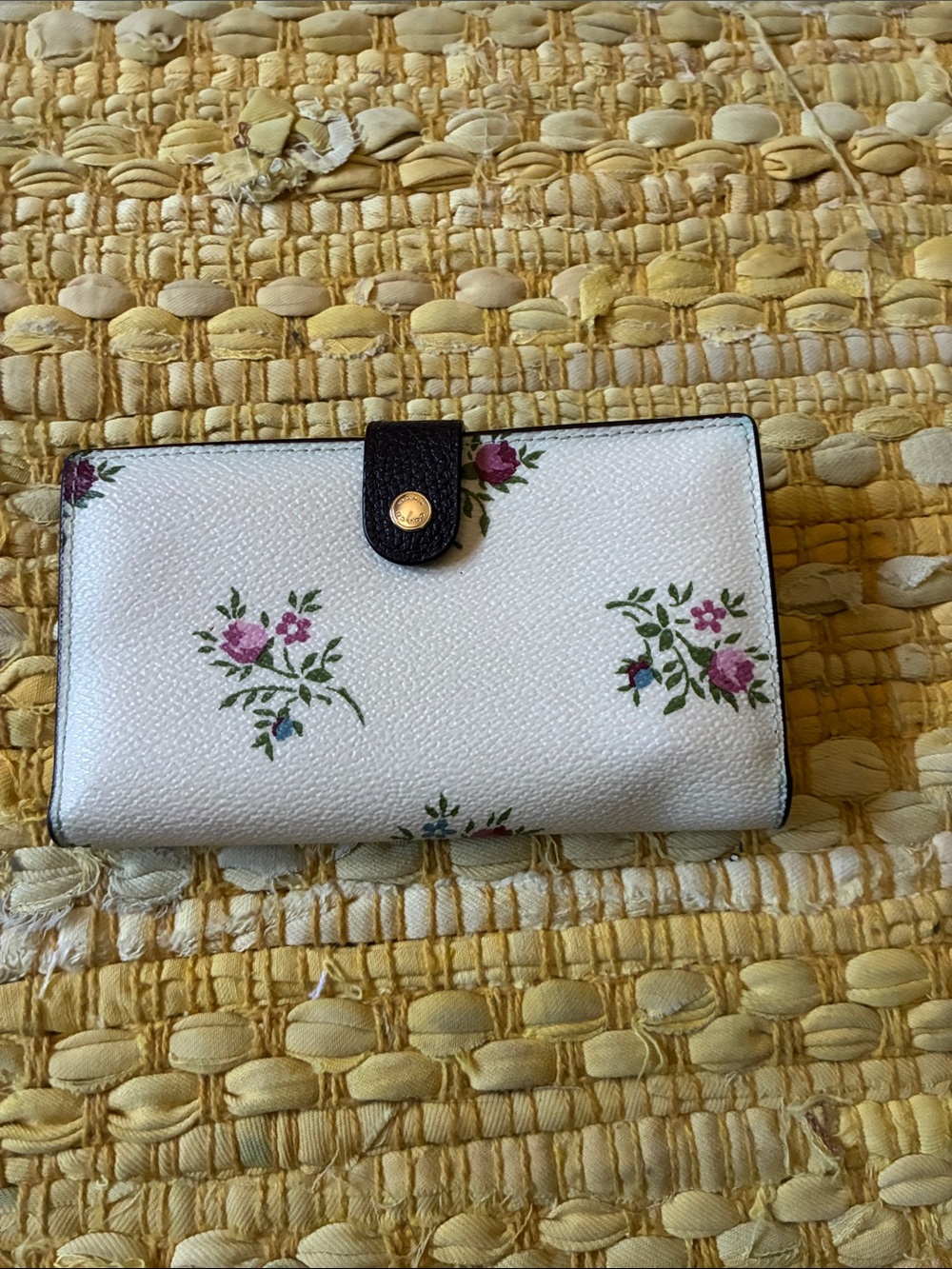 Coach White Floral Wallet with Pink Rose Clusters and Black Snap